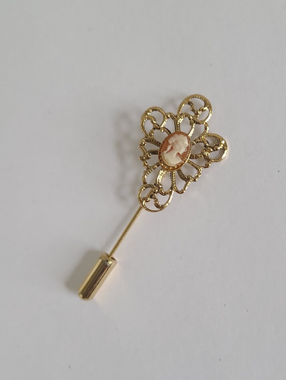 Vintage Gold Tone Filigree Victorian Revival Pink Lady Cameo Brooch Stick Pin